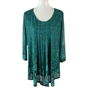 Valolia Green Boho Tunic Top Long Sleeve Floral Flowy Artsy Stretch XXL